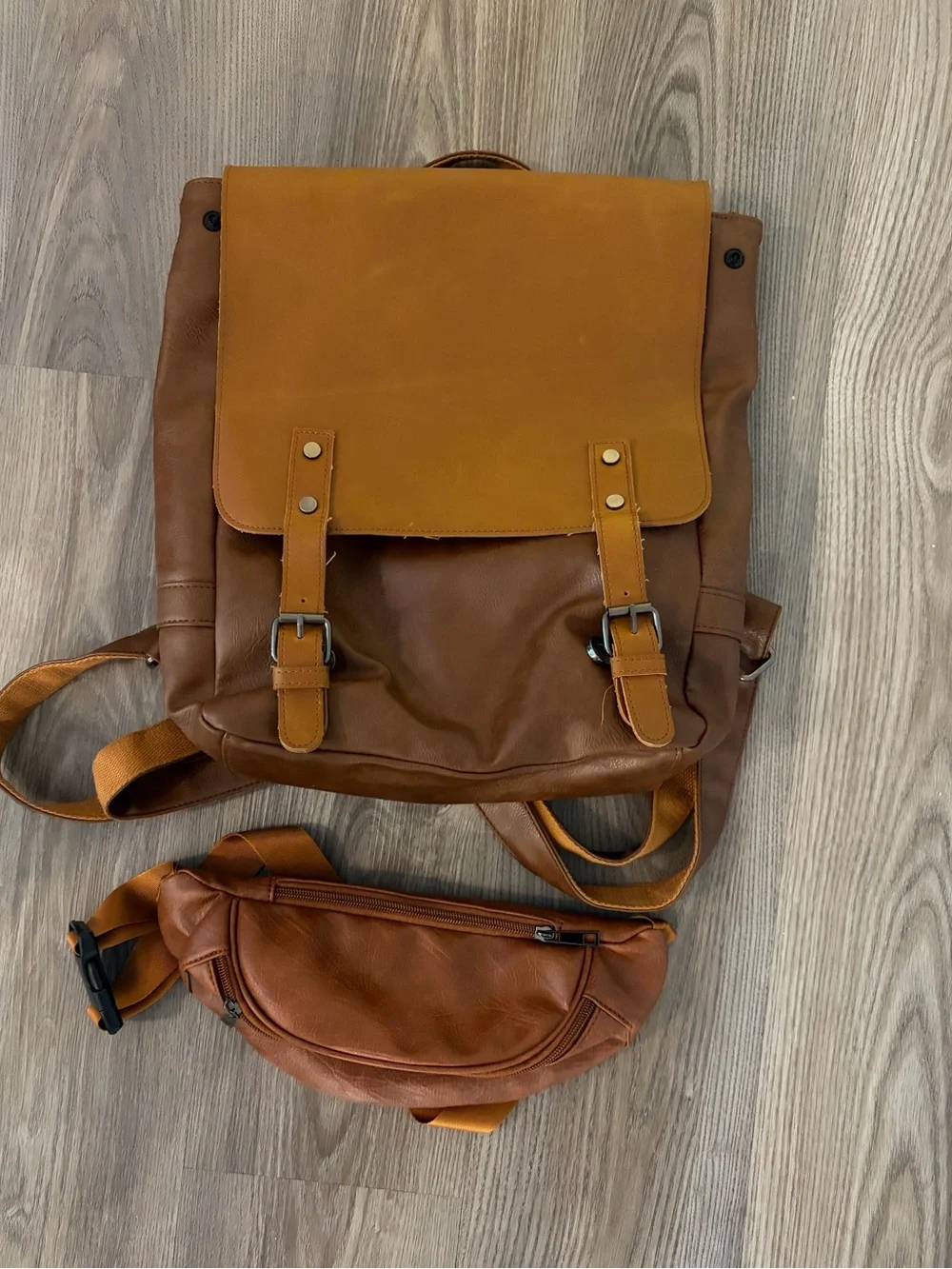 LXY Vegan Leather Vintage Laptop Backpack Set With Matching Fanny Pack Brown